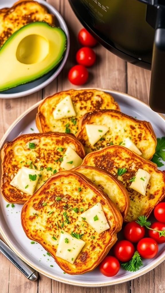 Savory Air Fryer French Toast Recipe Savory French toast with cheese and herbs on a plate, served with avocado and tomatoes.